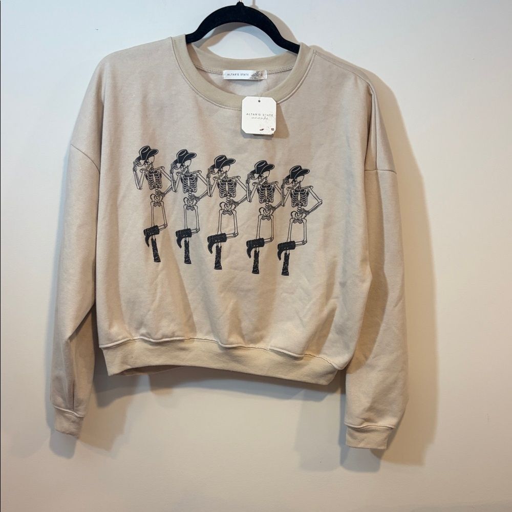 Altar'd State Dainty Dancing Cowboy Skeleton cropped sweatshirt Sz S NWT